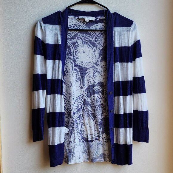 LOFT Purple/White Striped Mixed Media Cardigan Sweater Size Small - Picture 3 of 15